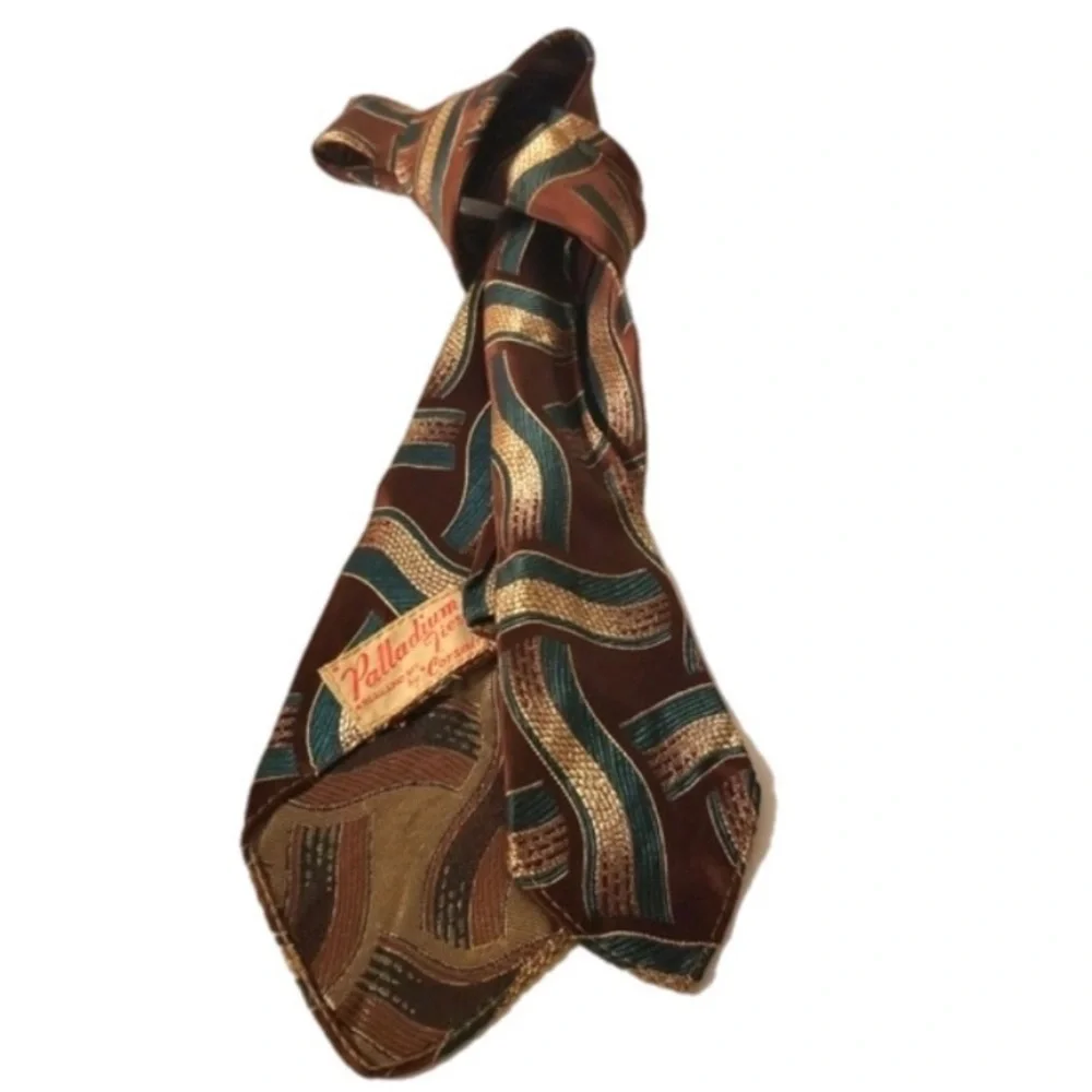 Palladium Corsair Tie Poly Brown Gold Teal 67x3.5 VTG ie No Tipping No Bar Tac